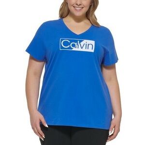 Calvin Klein women's plus-size blue V-neck t-shirt with a white logo, Size 1X